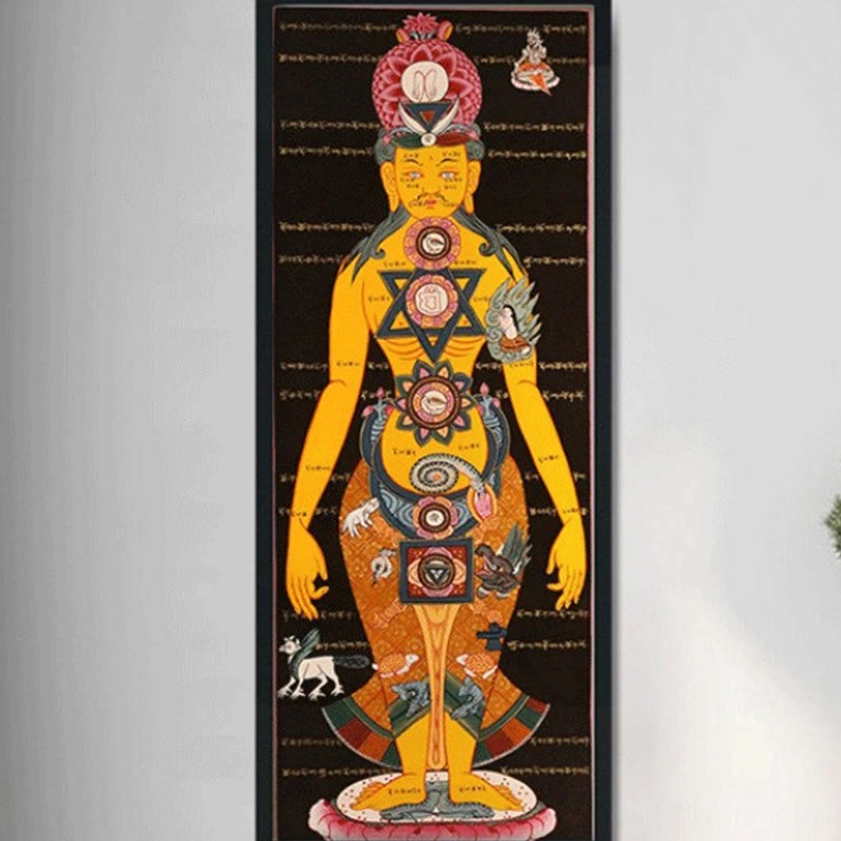 Hand-painted Buddhist thangka scroll with sacred deity and colorful mandalas hung on white wall with black frame home decor