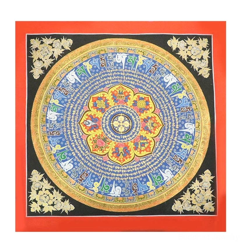 Buddhist thangka scroll art showing traditional iconography and sacred geometric mandala patterns
