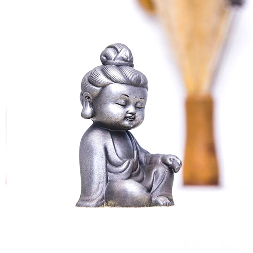 Buddhist trinity statue display polished finish meditation altar setup