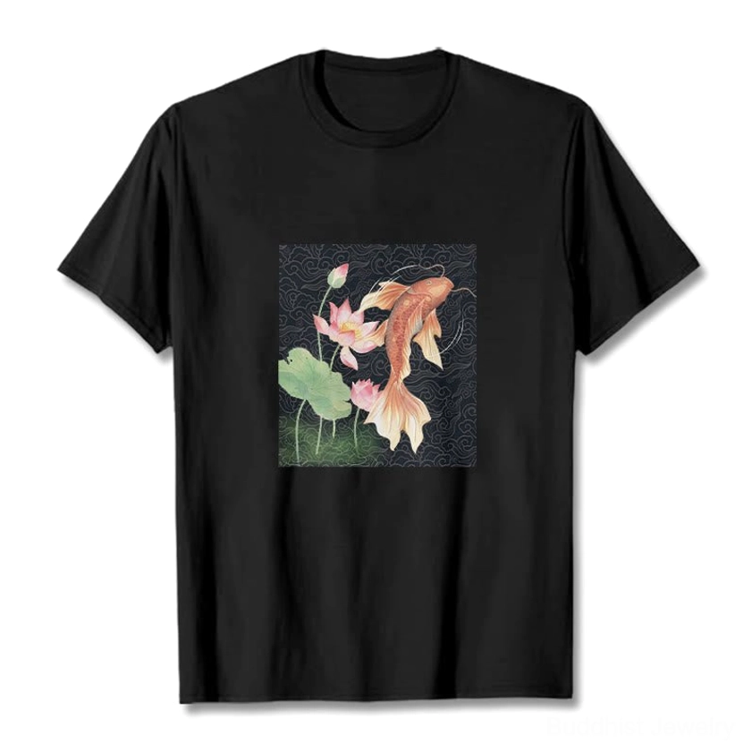 Black Buddhist cotton t-shirt with white koi fish and lotus flower spiritual print, flat lay front