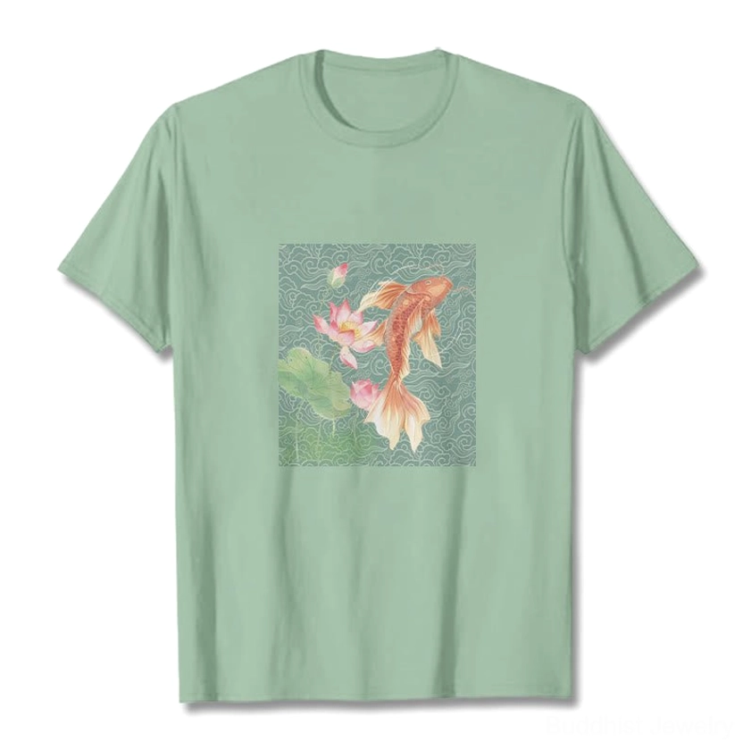 Back view of light pink Buddhist cotton t-shirt with koi fish lotus spiritual design