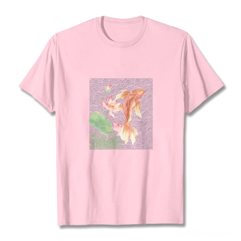 Light pink Buddhist cotton t-shirt with white koi fish and lotus flower spiritual artwork print