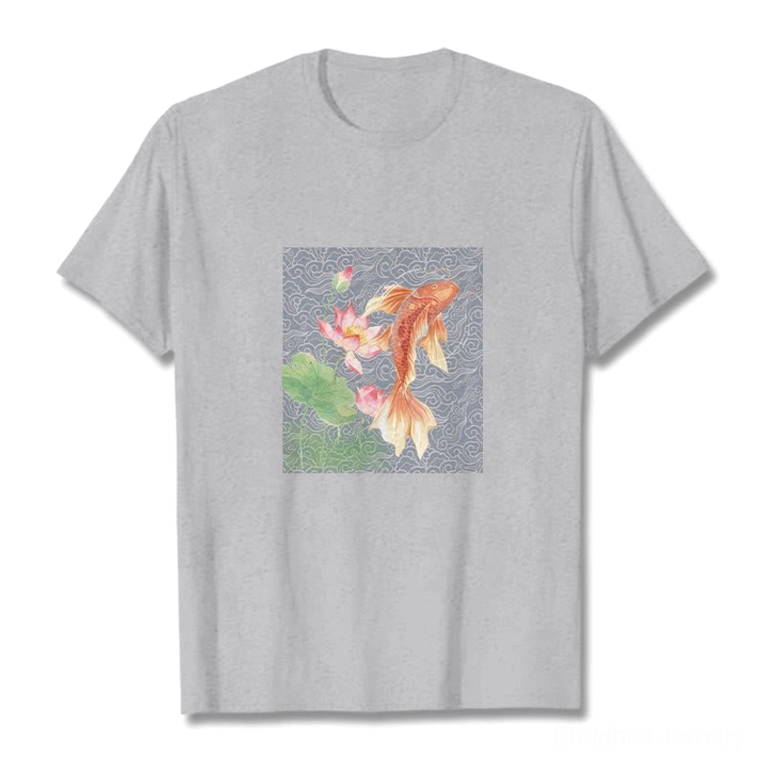 Light pink Buddhist cotton t-shirt featuring koi fish and lotus flower white ink print, flat lay