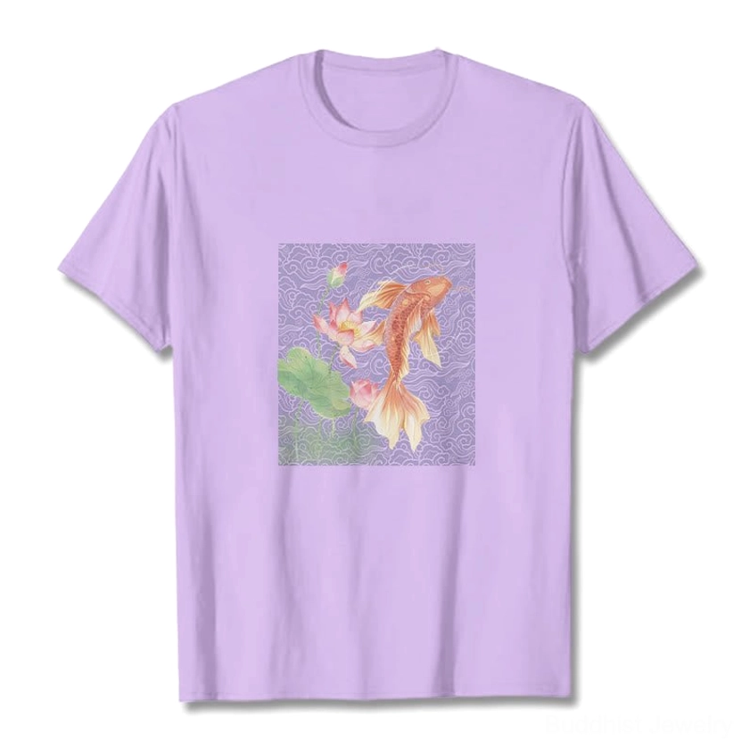 Plum Buddhist cotton t-shirt with white koi fish lotus flower spiritual print flat lay front