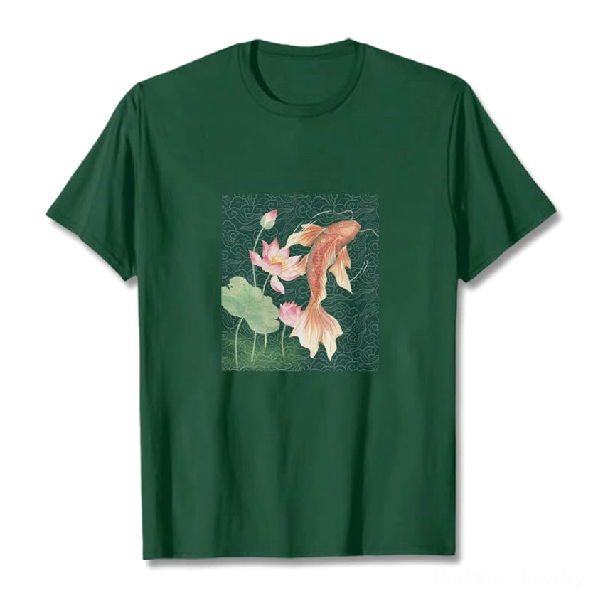 Plum colored Buddhist cotton t-shirt with white koi fish and lotus flower spiritual design front view