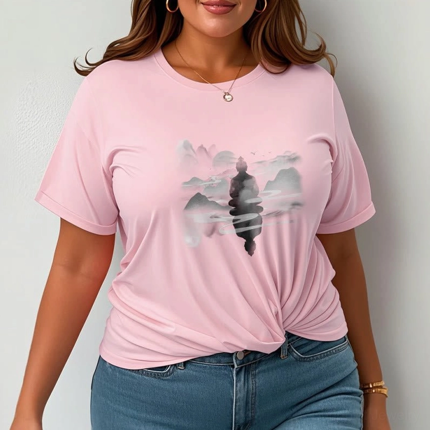 T-shirt size chart with measurements in inches and centimeters for Buddhist spiritual tee