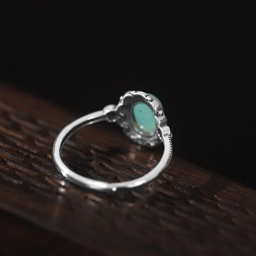 Rear bottom view of 925 sterling silver Buddhist turquoise ring showing stone underside