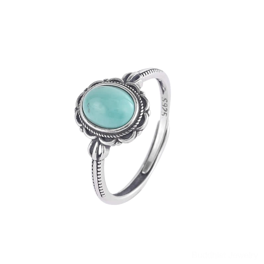 Front flat view of Buddhist turquoise ring on white background displaying S925 hallmark