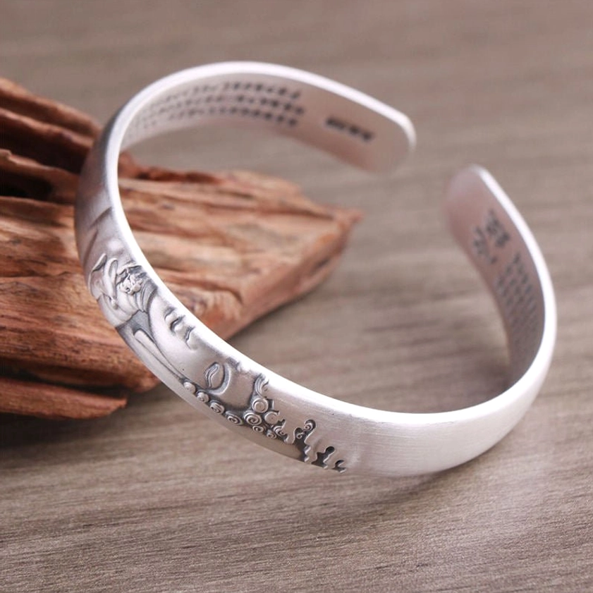 Unisex 999 sterling silver open cuff Buddha bracelet with engraved Heart Sutra, adjustable fit for all wrist sizes, authentic Buddhist jewelry