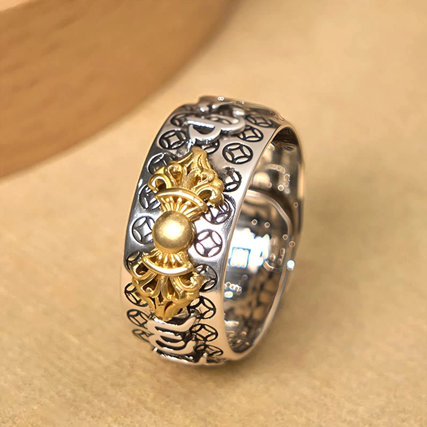 Buddhist vajra mantra ring side close-up detail showing dual-tone metal finish and inner sutra engravings