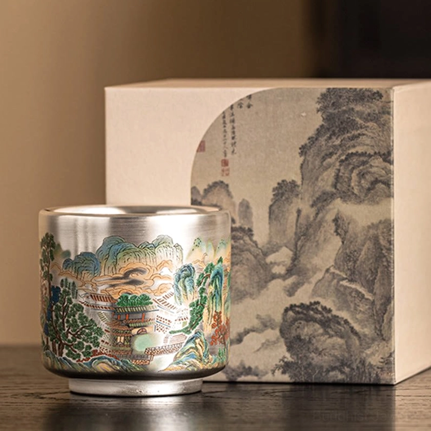 Buddhist valley design tea cup 120ml capacity handcrafted ceramic peaceful sanctuary refuge symbol