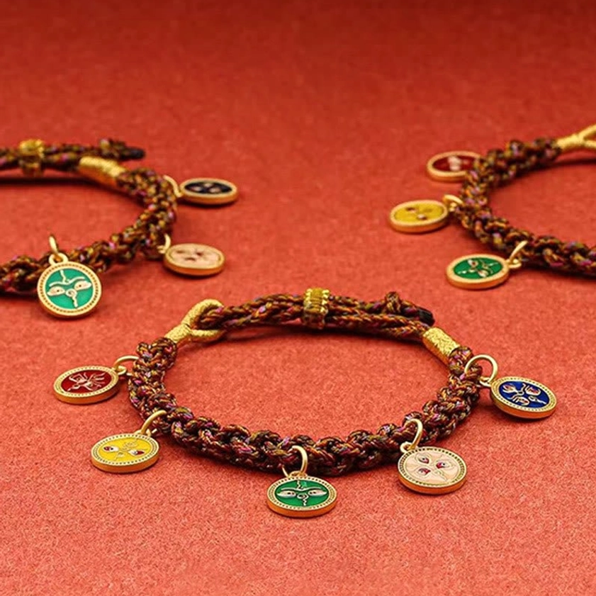 Buddhist five wealth deities string bracelet for protection, luck, and spiritual prosperity - gift-ready
