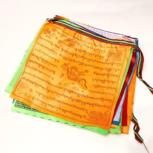 Authentic Buddhist windhorse prayer flag set with 20 panels in five sacred colors, hand-printed with traditional mantras on orange base