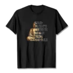 Black Buddhist graphic T-shirt with Buddha silhouette and silent smile message, flat lay front view on white background