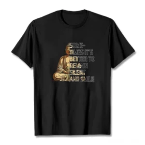 Black Buddhist graphic T-shirt with Buddha silhouette and silent smile message, flat lay front view on white background