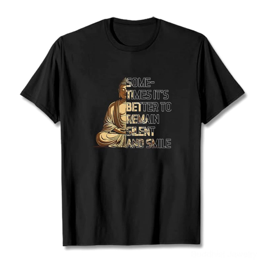 Black Buddhist graphic T-shirt with Buddha silhouette and silent smile message, flat lay front view on white background