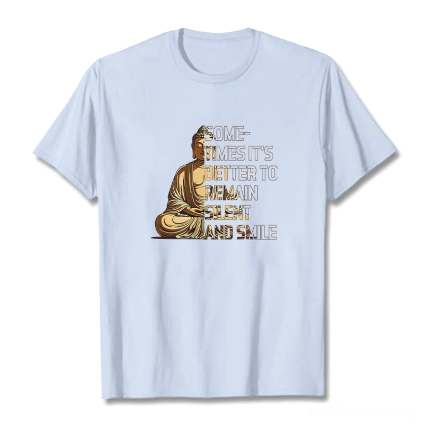 Light cyan Buddhist wisdom T-shirt with serene message print, comfortable breathable cotton crew neck