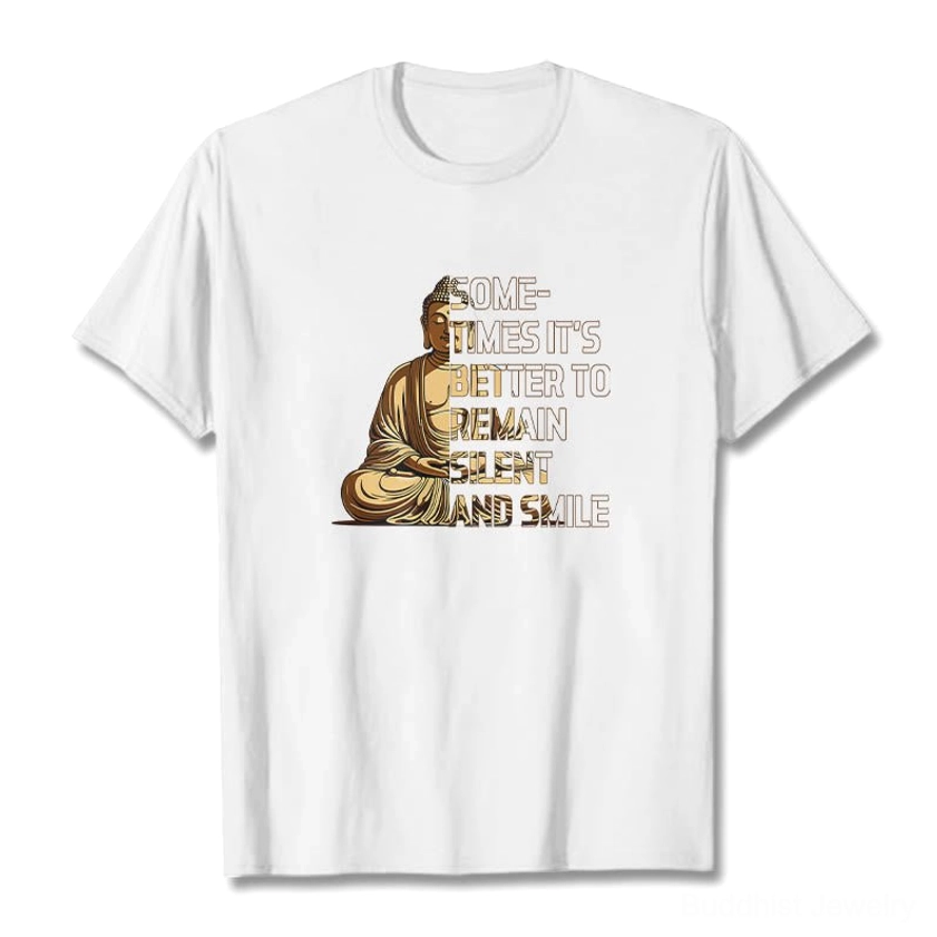 White Buddhist graphic T-shirt with Buddha silhouette peaceful smile design, flat lay front view pure white background