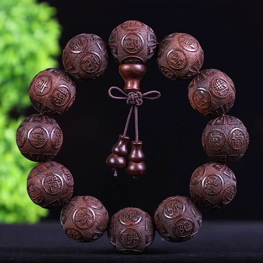 Hand-carved wooden Buddhist bracelet with round beads and double gourd pendant, traditional knot work