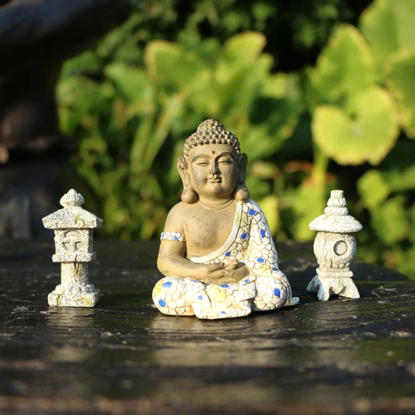 Buddhist meditation Buddha statue with stone-textured mini lanterns, authentic zen home decoration piece