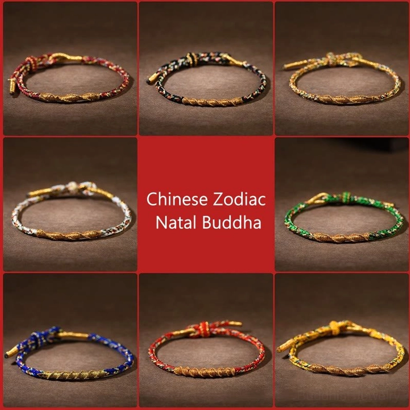 Complete Set of 8 Buddhist Zodiac Natal Buddha Braided Bracelets in Multiple Colors - Red, Blue, Yellow, Green, Gold, Black for All Zodiac Signs