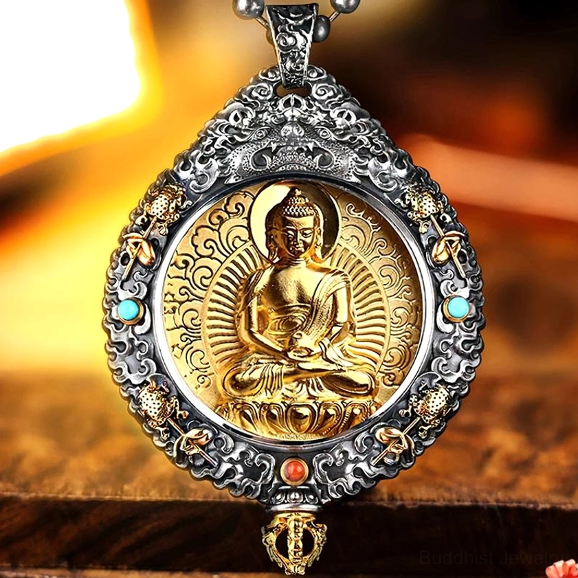 Buddhist zodiac natal buddha rotating pendant with nine palaces ba gua design, gold relief bodhisattva on vintage silver frame with turquoise inlay
