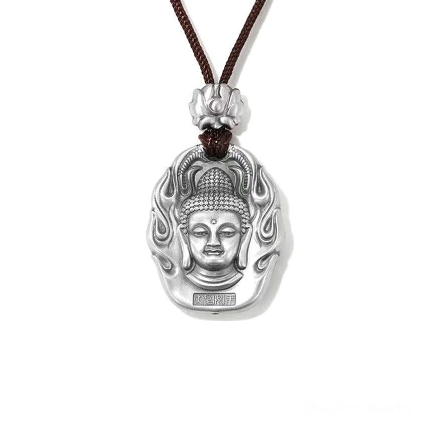 Tathagata Buddha head silver pendant necklace on pure white background, matte silver finish, brown hanging rope, lotus buckle, and Chinese mark