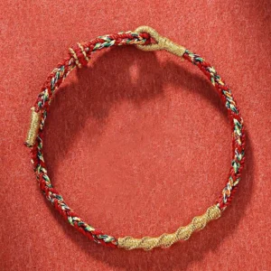 Handmade Buddhist zodiac natal buddha red string bracelet with colorful twisted cord and gold toggle clasp for protection