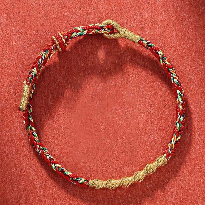 Handmade Buddhist zodiac natal buddha red string bracelet with colorful twisted cord and gold toggle clasp for protection