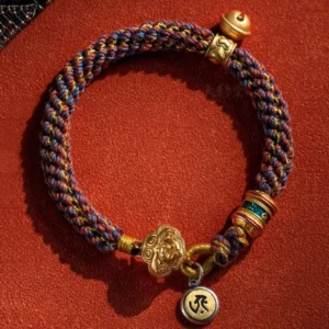 Handwoven Buddhist zodiac natal buddha red string bracelet with sterling silver charm and om mani padme hum pendant