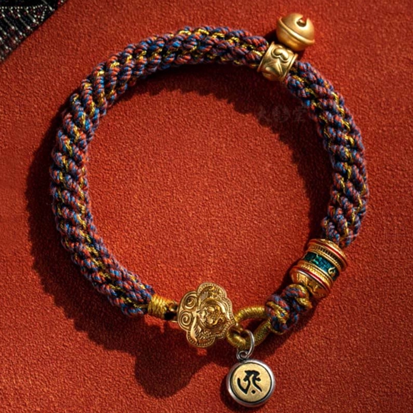 Handwoven Buddhist zodiac natal buddha red string bracelet with sterling silver charm and om mani padme hum pendant