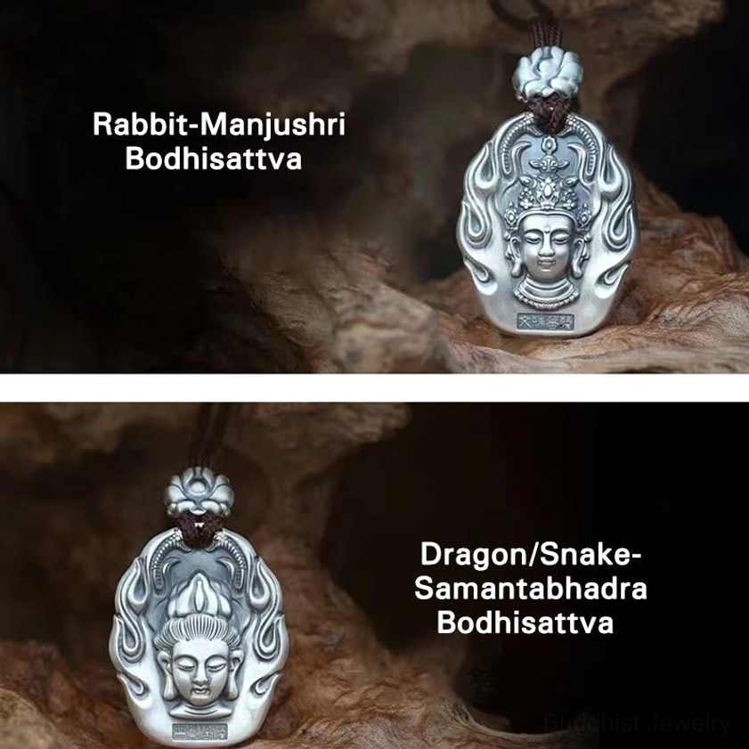 Buddhist zodiac natal Buddha pendant close-up, matte silver finish with lotus crown and protective flame pattern border