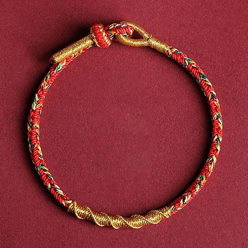 Red and gold Buddhist zodiac protection bracelet with twisted mixed weave and decorative traditional knot