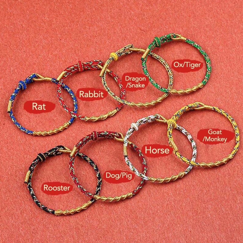 Complete set of 12 Buddhist zodiac natal buddha red string bracelets with Chinese zodiac animal markers and gold trimmed edges