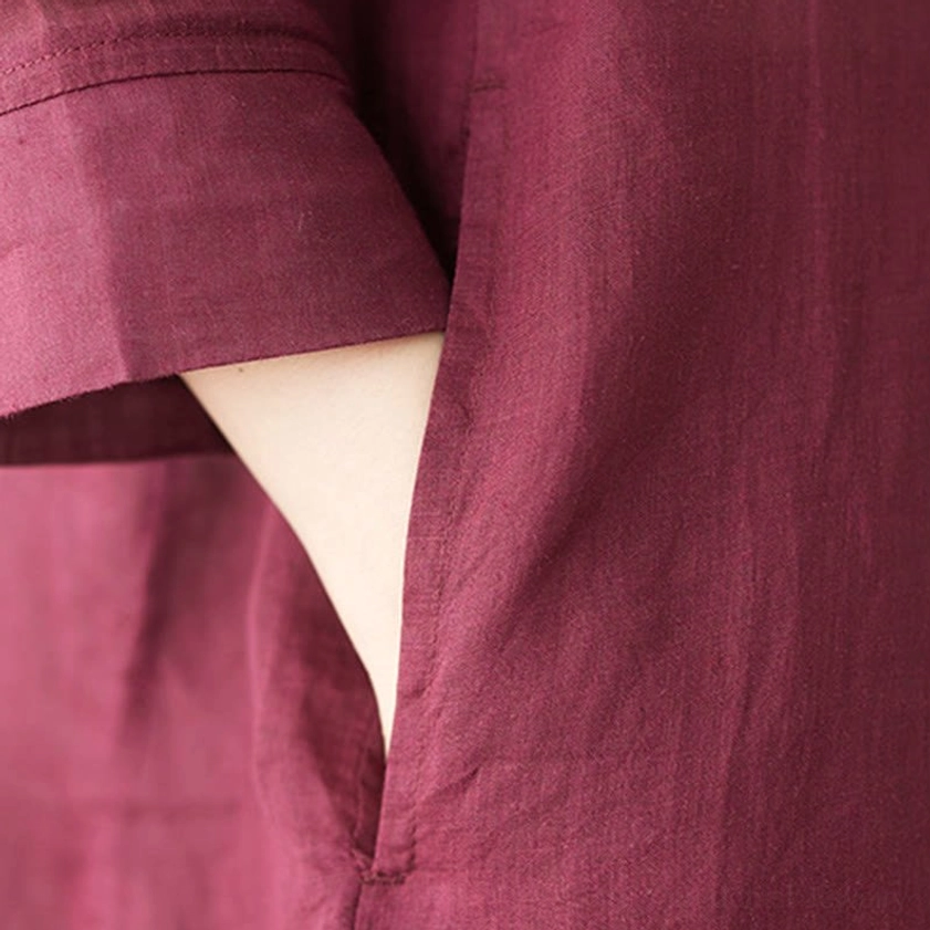 Burgundy linen meditation wear set close-up of fabric quality and texture