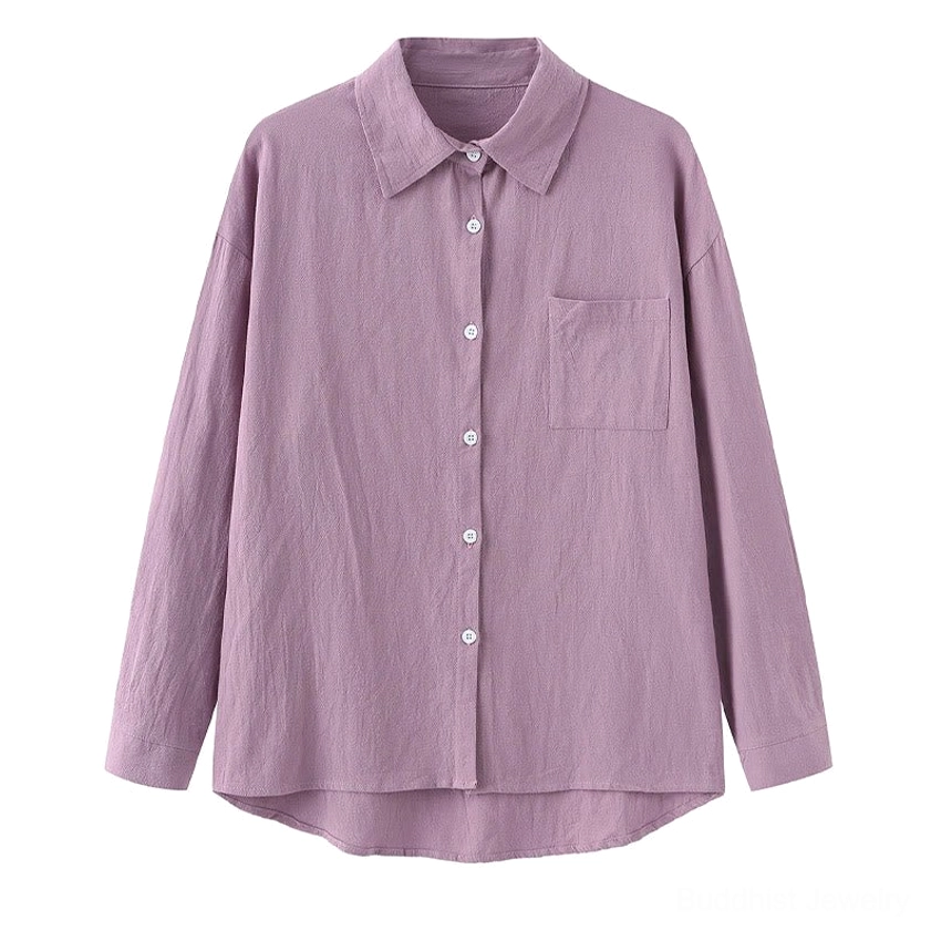 Burgundy long-sleeve meditation shirt with collar and chest pocket detail