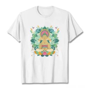 Butterfly Lotus Buddhist graphic tee white cotton front flat lay with centered sacred design