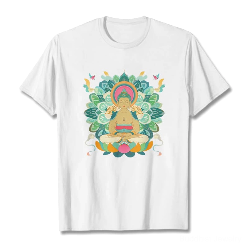 Butterfly Lotus Buddhist graphic tee white cotton front flat lay with centered sacred design