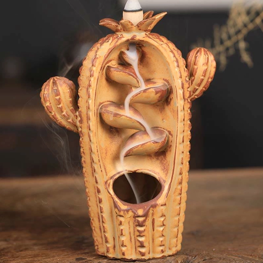 Golden yellow ceramic cactus backflow incense burner showcasing warm color variant option