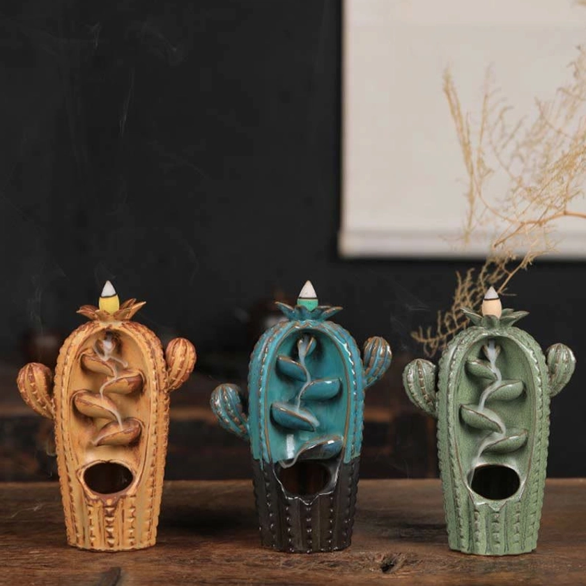 Cactus ceramic backflow incense holder handcrafted artisan piece for meditation and spiritual practice