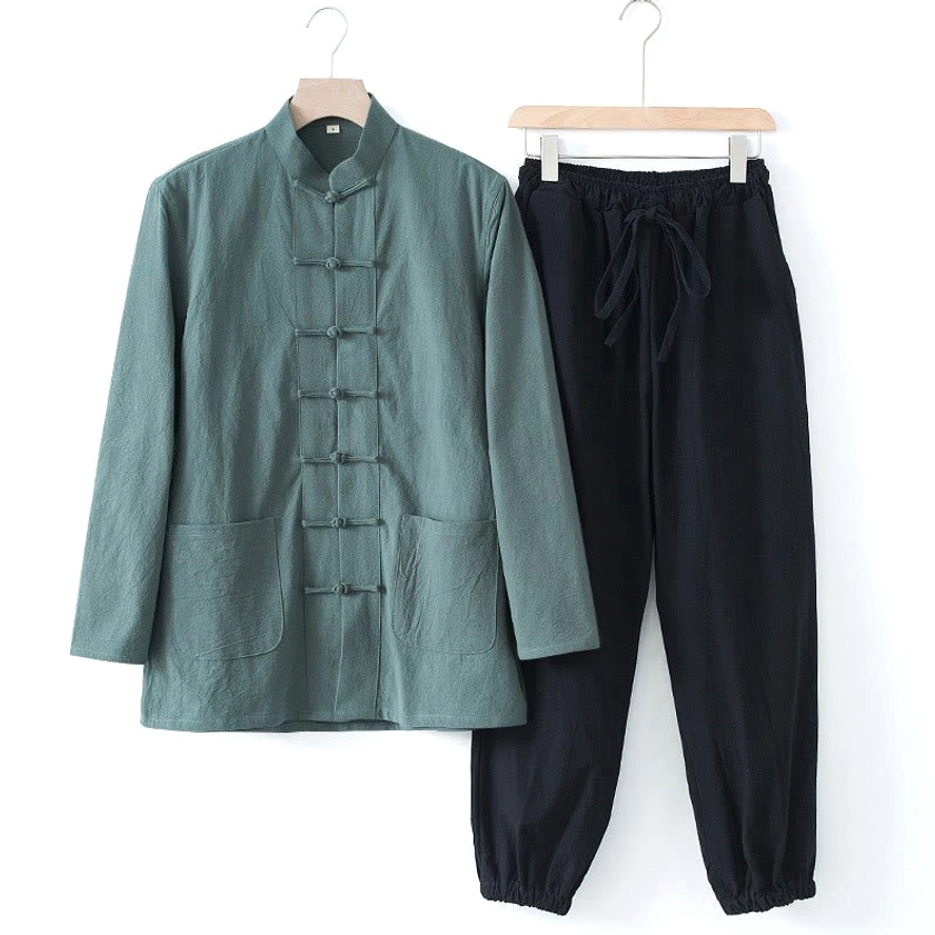 Cadet blue Tang suit shirt with black pants - classic color combination for men