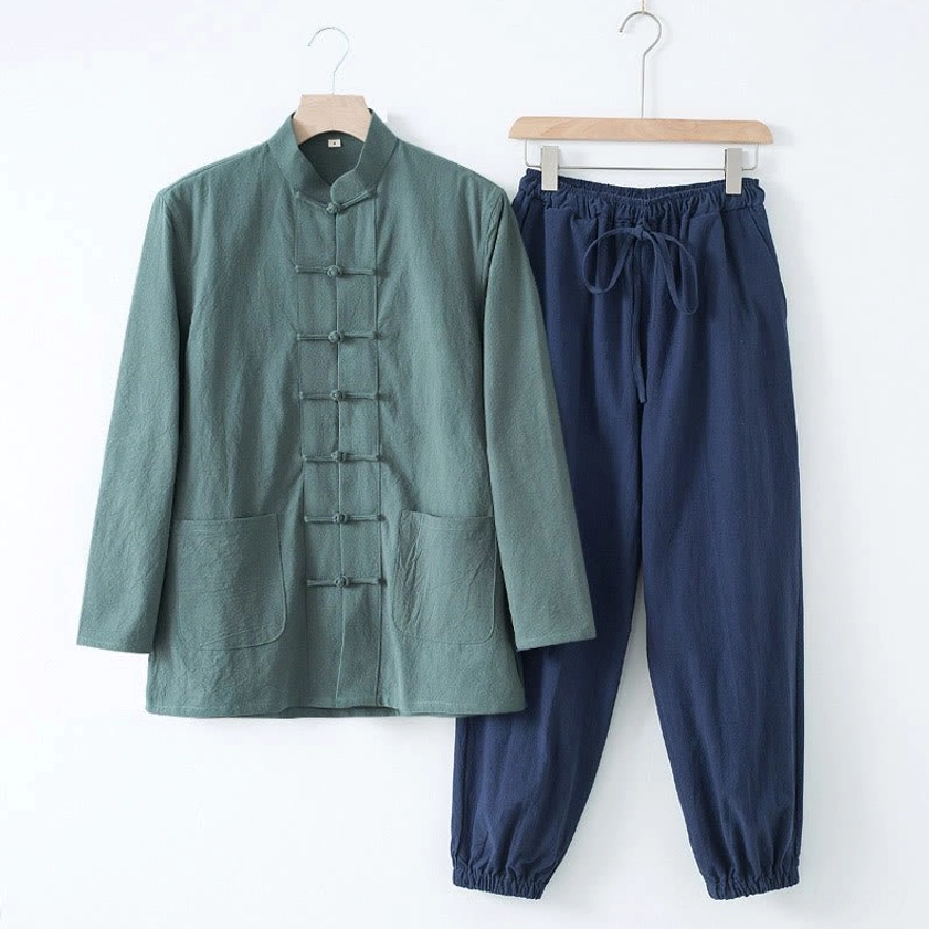 Cadet blue Tang suit with dark blue pants - harmonious color blend for meditation practice