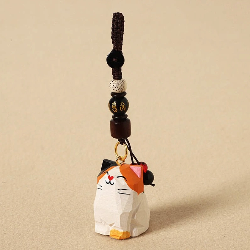 Calico cat Om Mani Padme Hum wooden keychain variant with spiritual mantra and natural wood craftsmanship