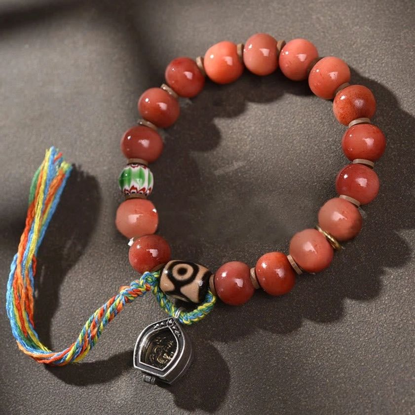 Camel Bone Dzi Bead Buddhist Bracelet with Multicolor Tassel and Metal Pendant, Side View