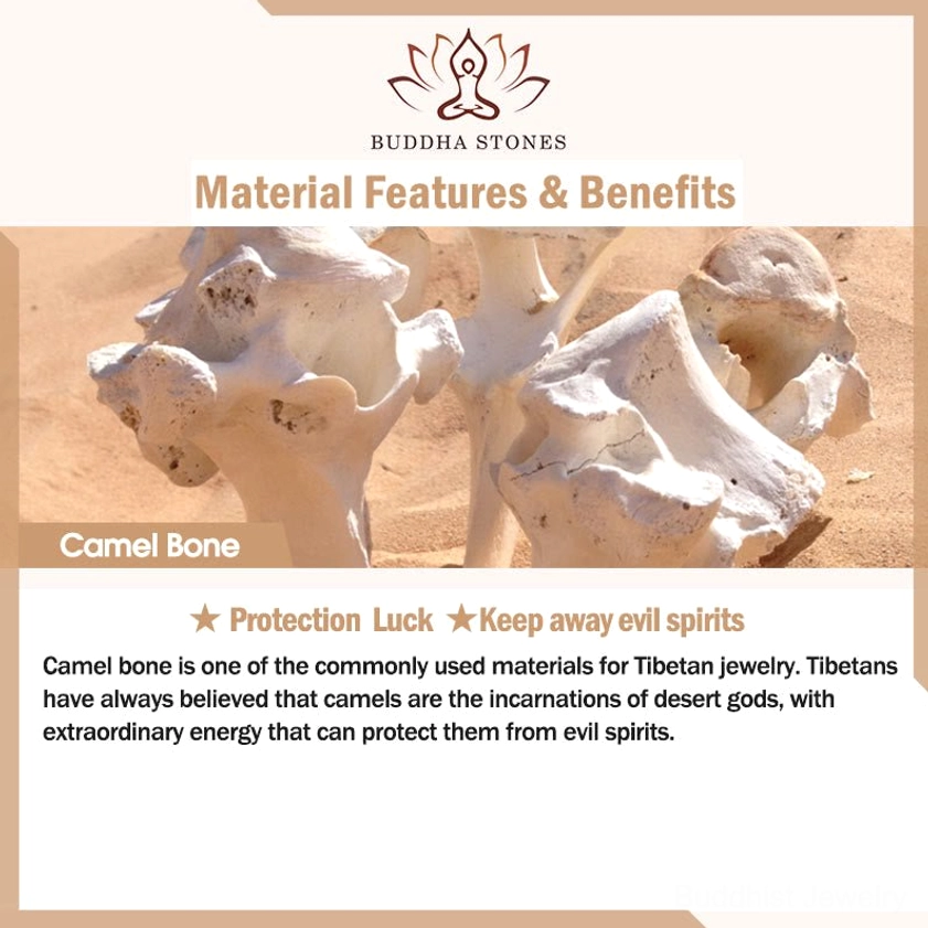 Camel bone jewelry material guide and specimens showing protection and luck properties, natural eco-friendly Buddhist mala materials, flat lay on white background
