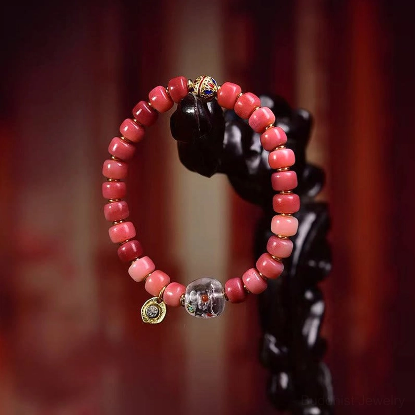 Camel bone red agate Buddhist bracelet with metal decorative elements spiritual wellness