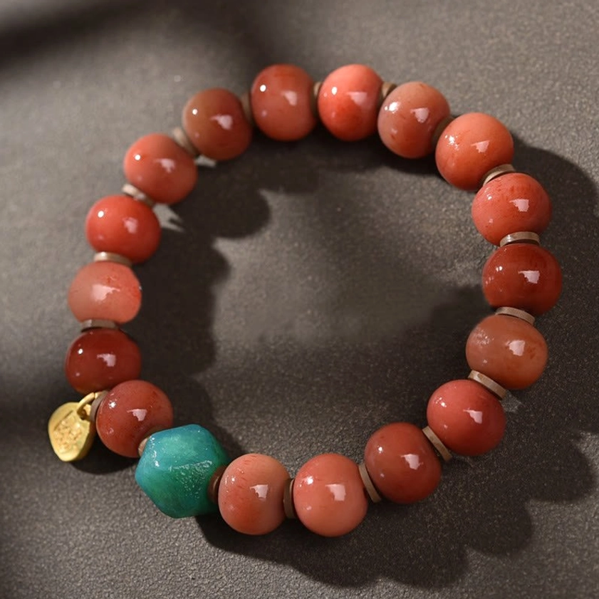 Dark Red Camel Bone Buddhist Bracelet with Turquoise Bead and Gold Pendant, Protection Amulet