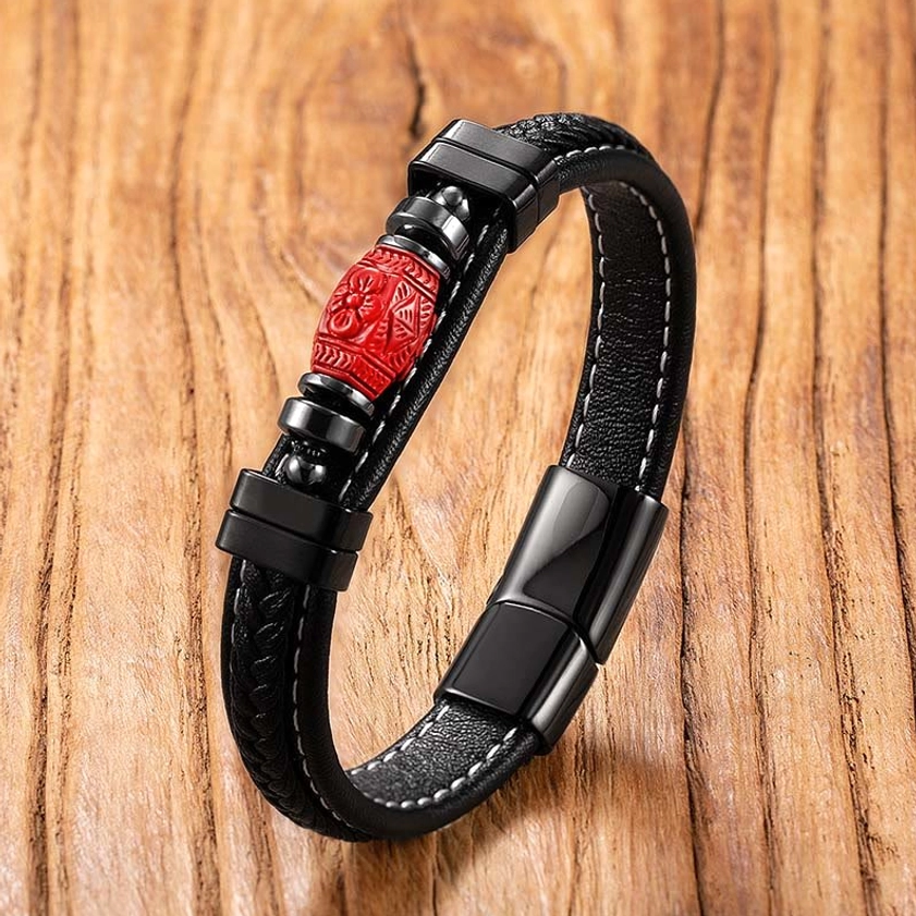 Carved flower cinnabar leather bracelet with red hand-carved bead and black magnetic clasp