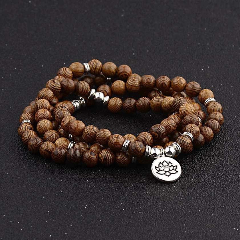 Lightning strike wood Buddhist prayer beads with lotus silver pendant, textured carved wooden mala
