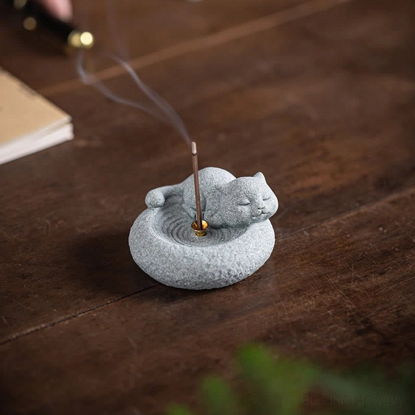 Handcrafted cat incense burner multiple angle view product showcase